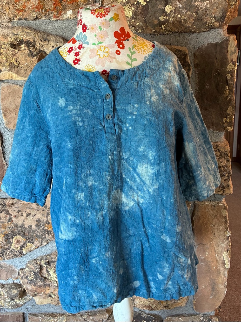 Indigo plant dyed Tie-Dye 100% silk linen like Tunic Top
